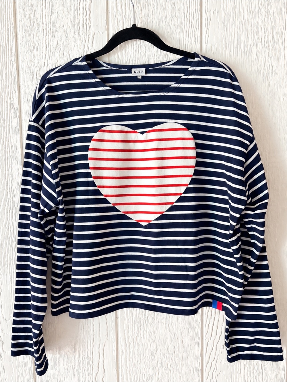KULE Navy & White Striped Long-Sleeve Top with Red Heart Appliqué